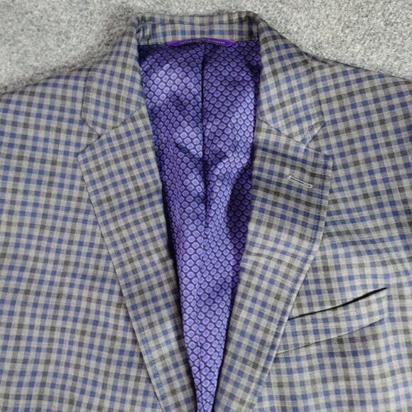 Ted Baker Sport Coat 40L Gray Gingham Plaid 100% Wool Elbow Patches